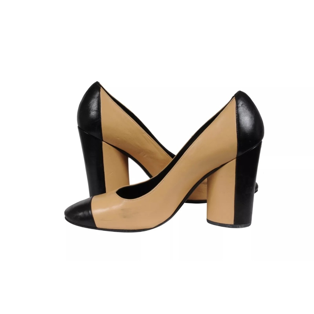 Authentic CHANEL Leather Cap Toe Pumps | Classic Two-Tone Block Heel Shoes 39